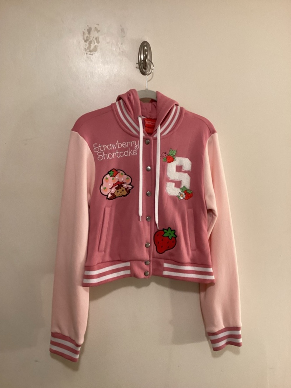 Strawberry Shortcake Pink Hooded Girls' Varsity Jacket - Picture 3 of 14